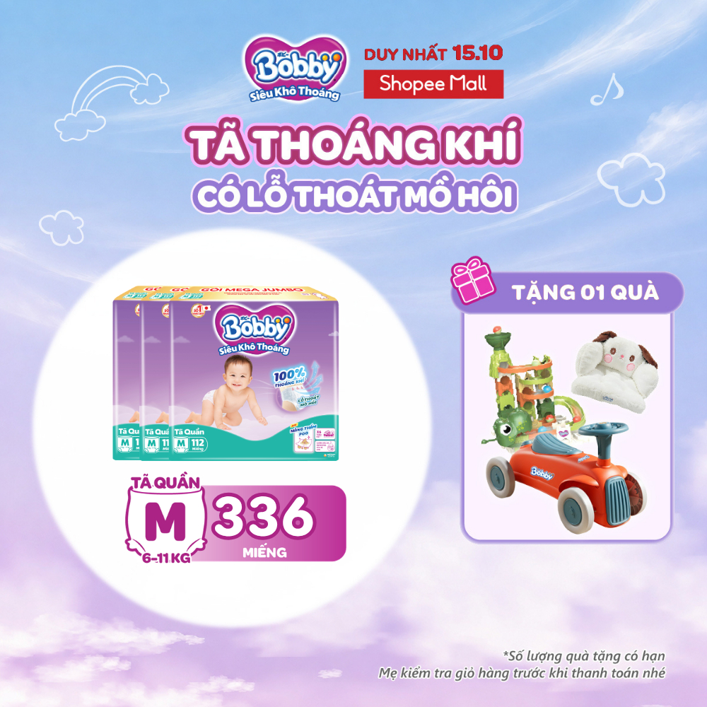 Combo 3 tã quần Bobby Siêu Khô Thoáng - 100% Thoáng Khí Mega Jumbo M112/L96/XL84/XXL76