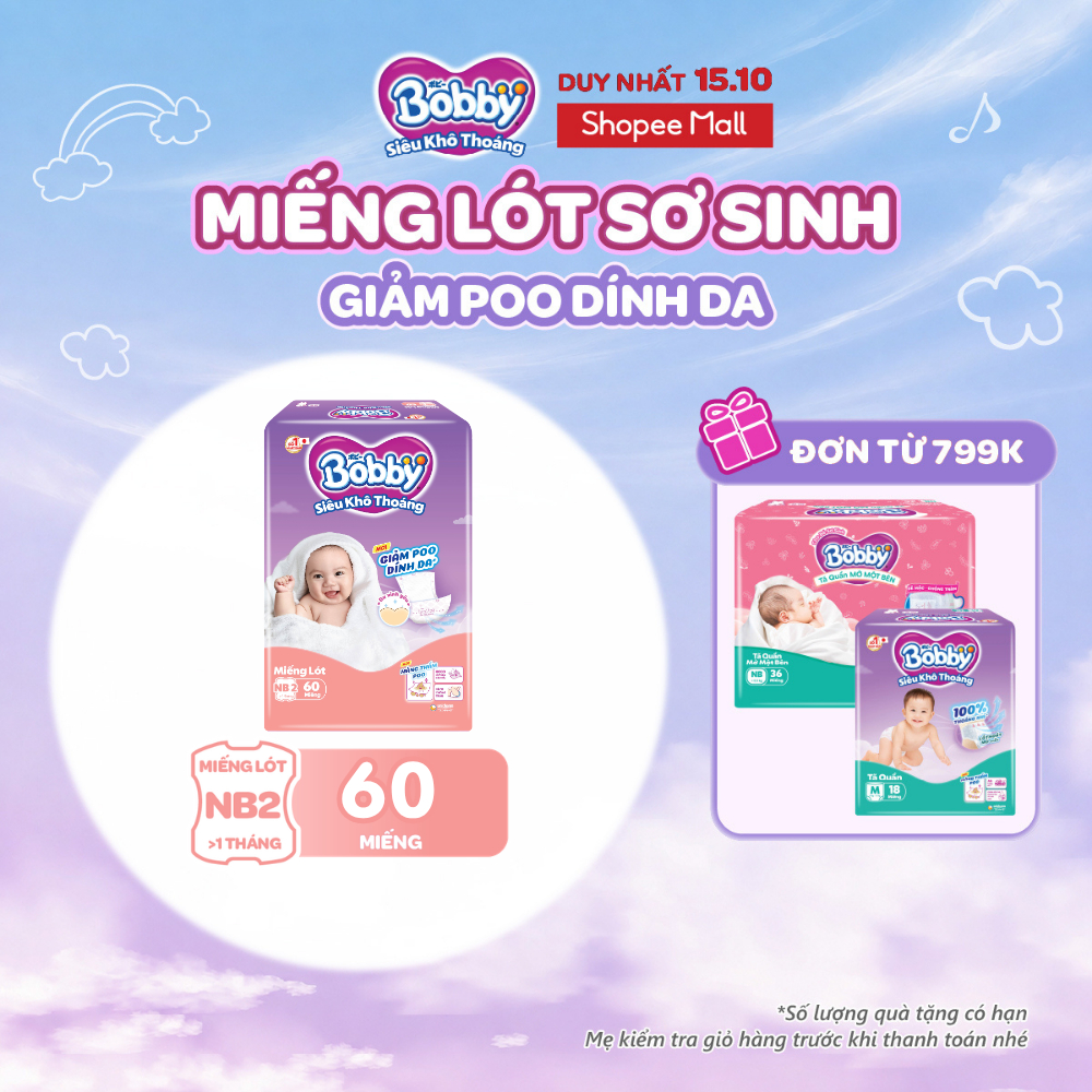 Miếng lót sơ sinh Bobby Newborn 2-60 miếng Giảm Poo Dính Da