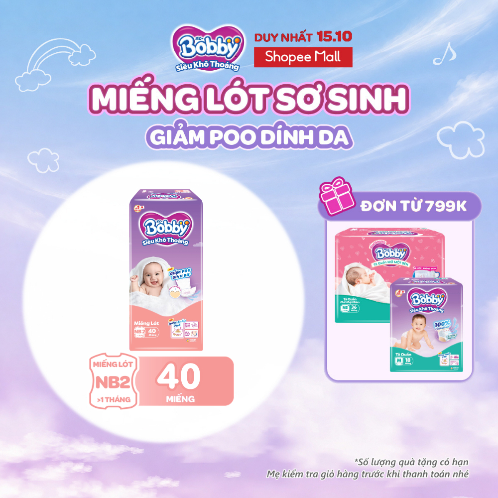 Miếng lót sơ sinh Bobby Newborn 2-40 miếng Giảm Poo Dính Da