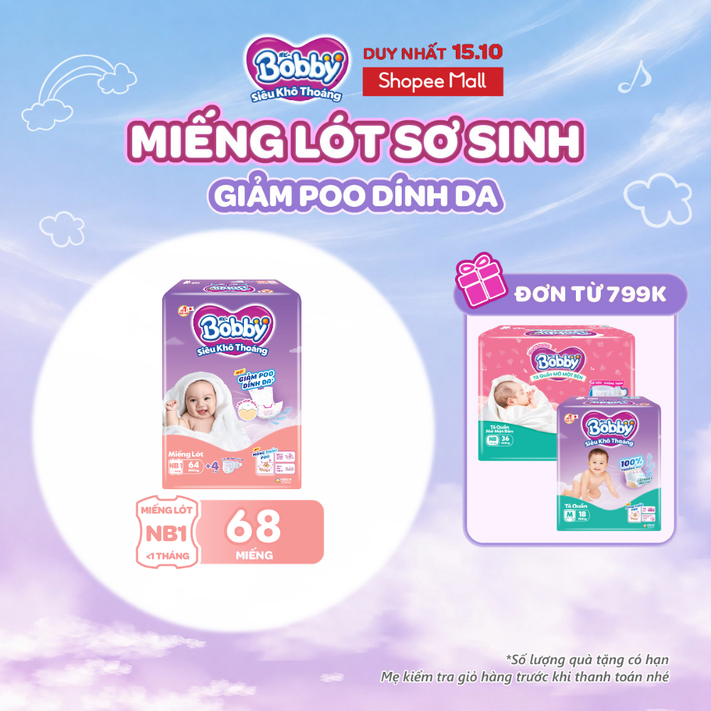 Miếng lót sơ sinh Bobby Newborn 1-64 miếng Giảm Poo Dính Da