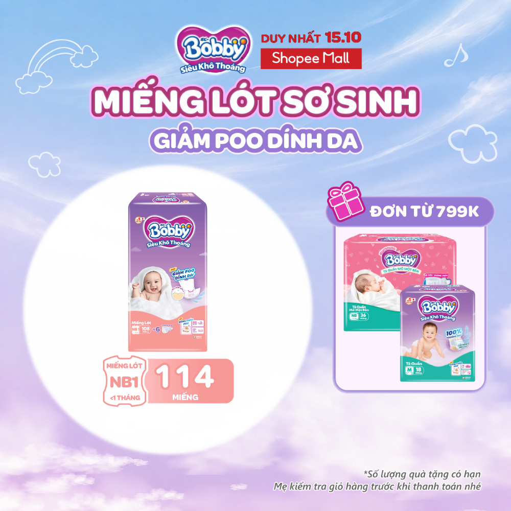Miếng lót sơ sinh Bobby Newborn 1-108 miếng Giảm Poo Dính Da