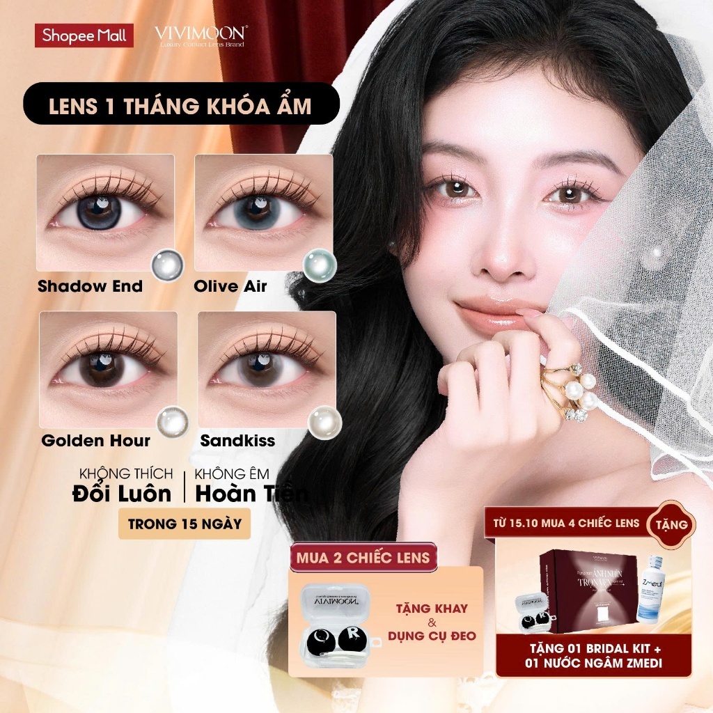 Lens 1 tháng khóa ẩm VIVIMOON, kính áp tròng màu độ cận 0 - 8, Dia 14.2 mm