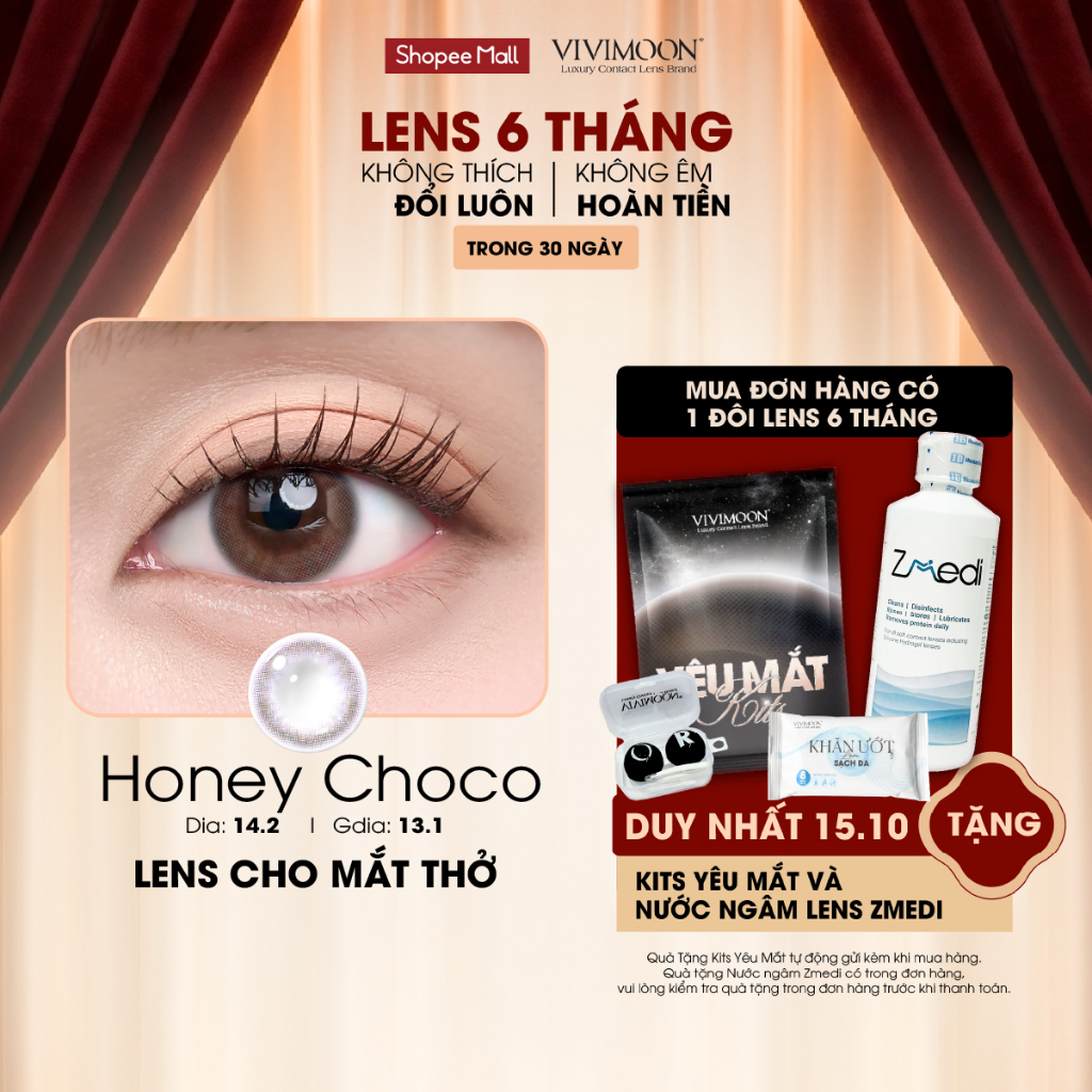 VIVIMOON lens cận 6 tháng Honey Choco, kính áp tròng cho mắt thở màu nâu tự…