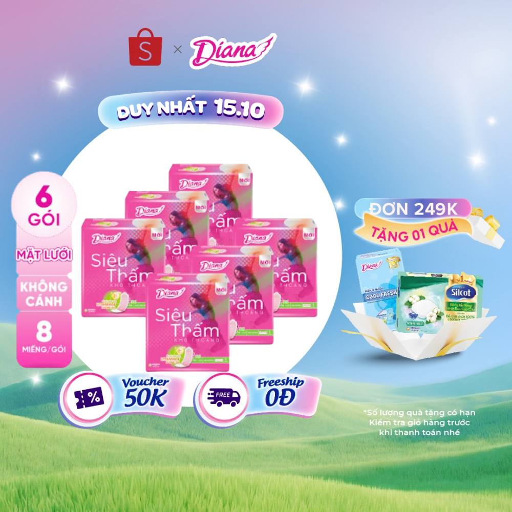 Bộ 6 gói băng Vệ Sinh Diana Siêu thấm Siêu mỏng không cánh (Gói 8 Miếng)