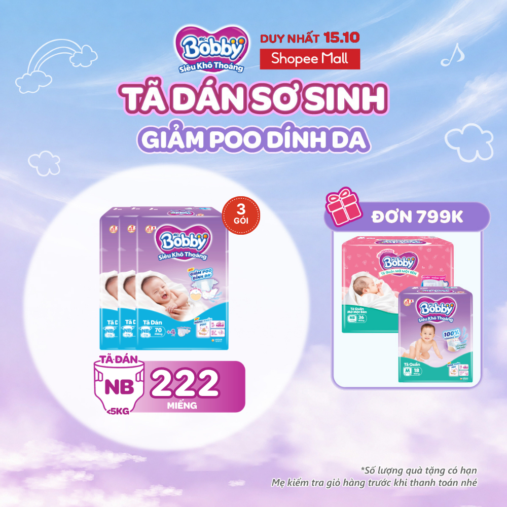 Combo 3 tã dán sơ sinh Bobby NB70/S54/M46 Giảm Poo Dính Da