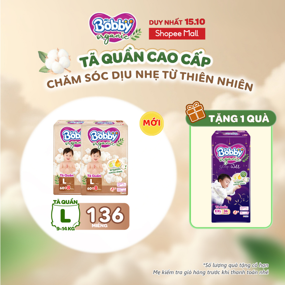 Combo 2 gói tã quần cao cấp Bobby Organic chăm sóc dịu nhẹ từ thiên nhiên M72+8/L60+8/XL56+8/XXL54+6