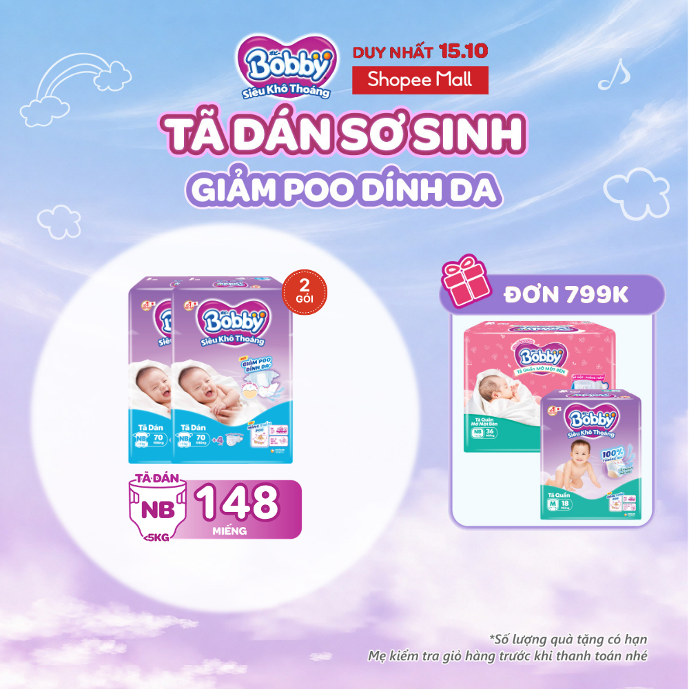 Combo 2 tã dán sơ sinh Bobby NB70 (XS70)/S80-Lõi nén cotton-soft 3mm -Tặng miếng ngẫu nhiên