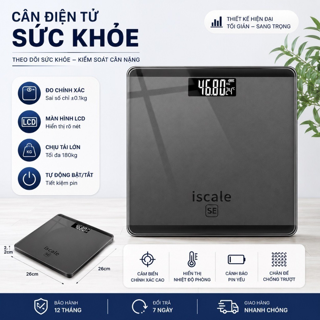 Cân Sức Khỏe Điện Tử ISCALE SE Màu Đen, Cân Chính Xác 100% Bảo Hành 12 Tháng