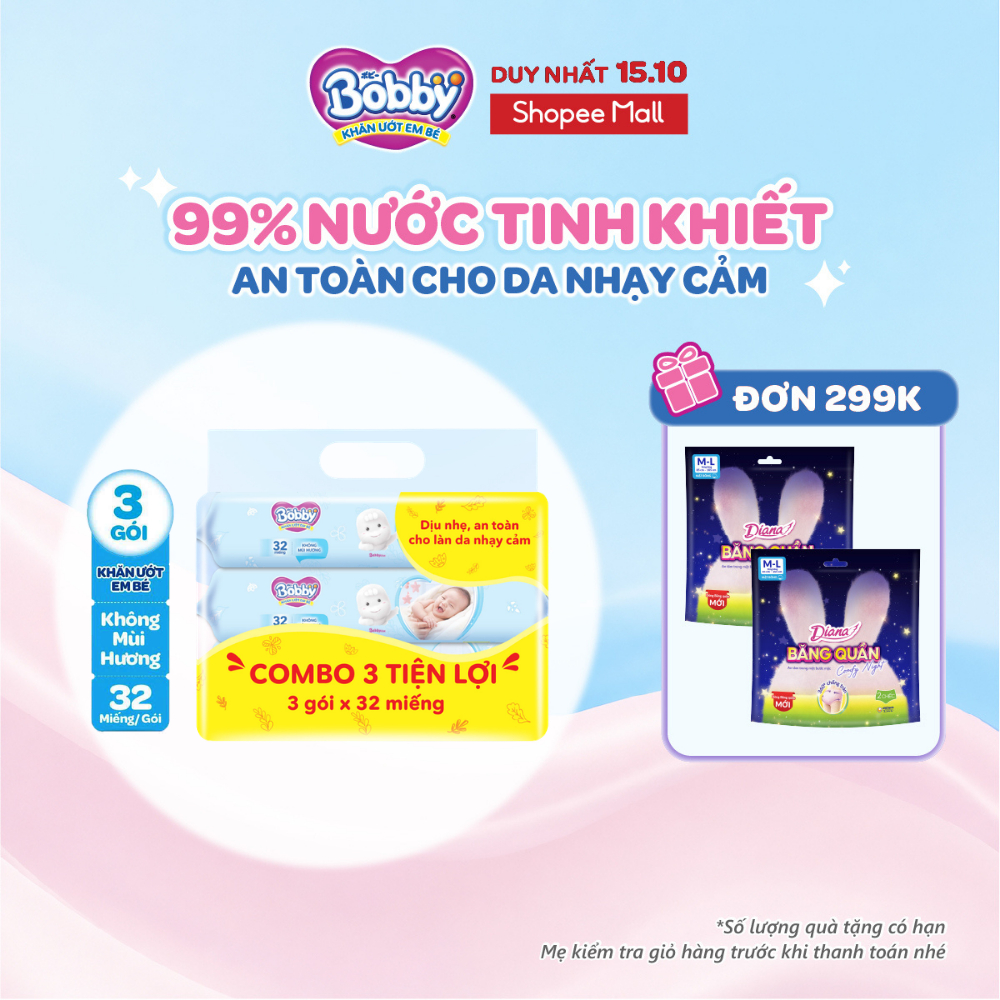 Combo tiện lợi 3 gói Khăn ướt Bobby không mùi 32 tờ/gói (Xanh)