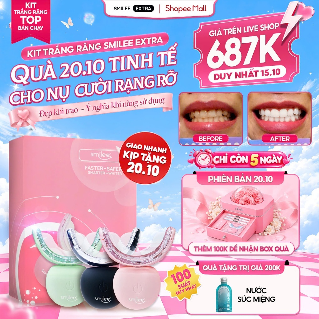 Trắng Răng SMILEE EXTRA, Bộ Kit Làm Trắng Răng Từ 2-6 Tone, Bộ Set Quà Tặng 20/10 Cho Nữ LIS