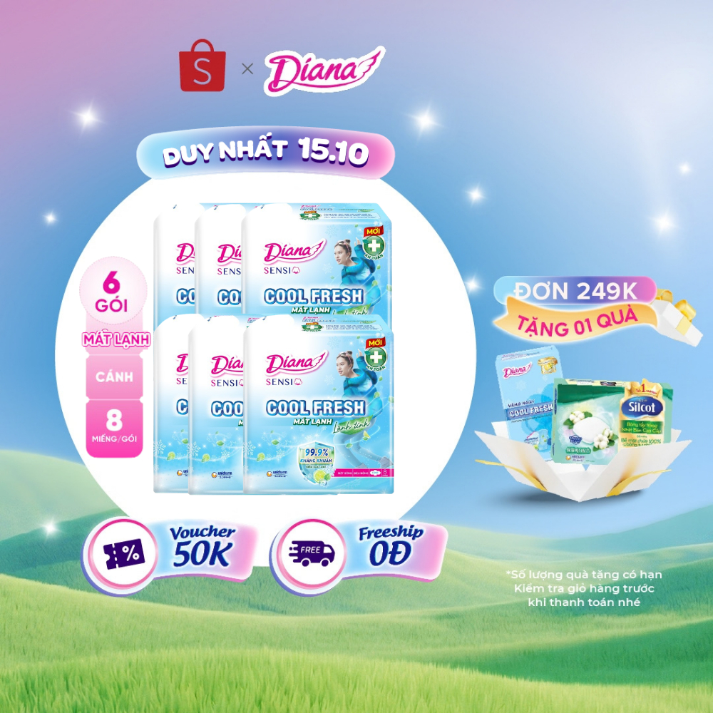 Bộ 6 gói băng vệ sinh Diana SenSi Cool Fresh siêu mỏng cánh gói 8 miếng