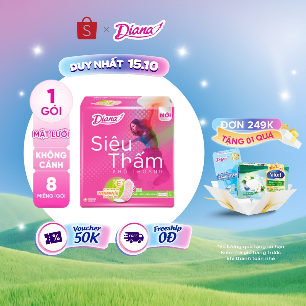 Băng Vệ Sinh Diana Siêu thấm Siêu mỏng không cánh (Gói 8 Miếng)
