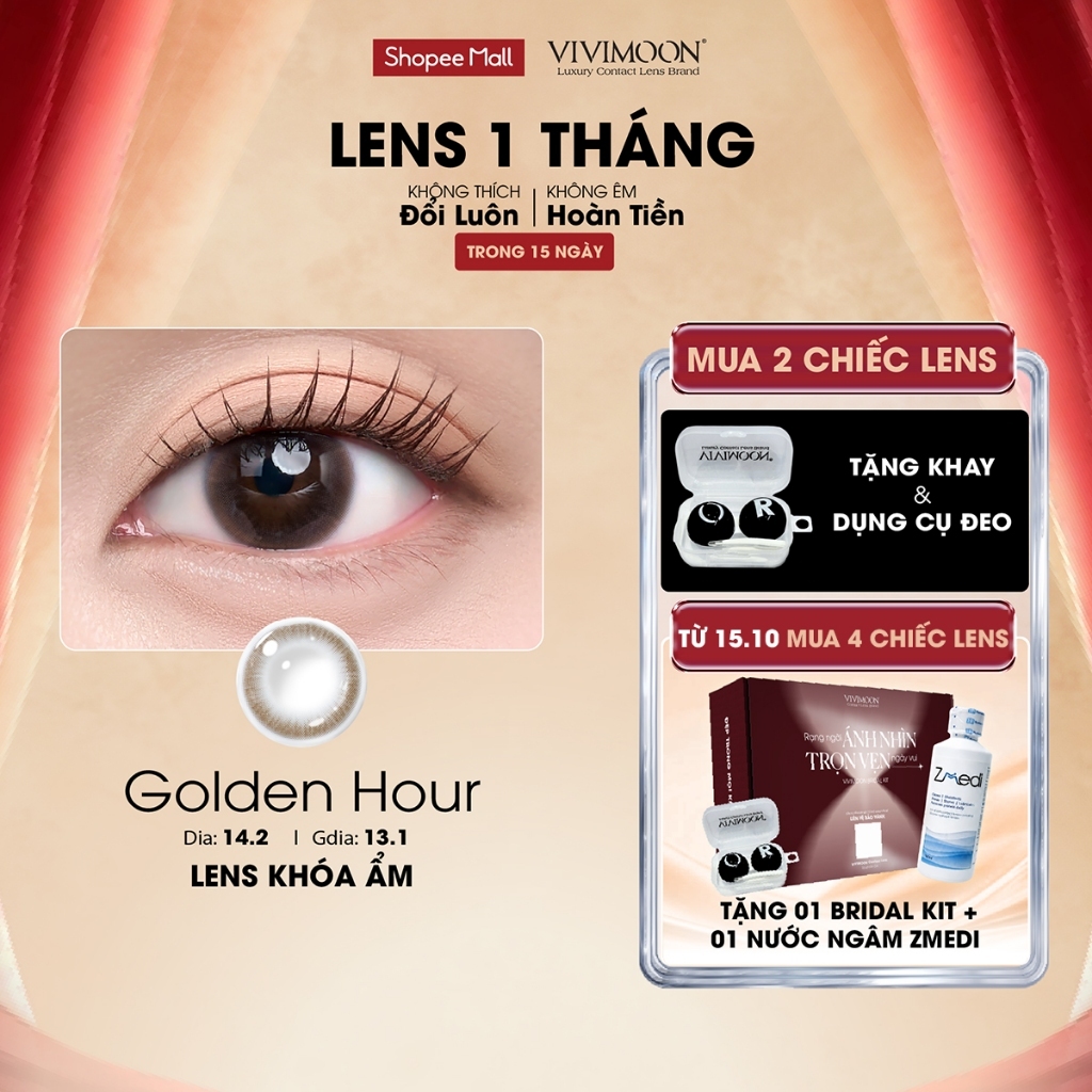 Lens cận khóa ẩm VIVIMOON màu nâu tự nhiên Golden Hour, kính áp tròng hạn sử dụng 1 tháng