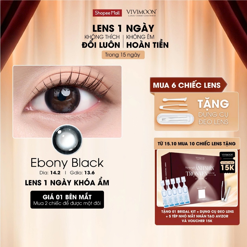 01 Chiếc Kính áp tròng VIVIMOON lens khóa ẩm 1 ngày màu đen Ebony Black (Giá 1 bên mắt, x2 để đặt 1 đôi)