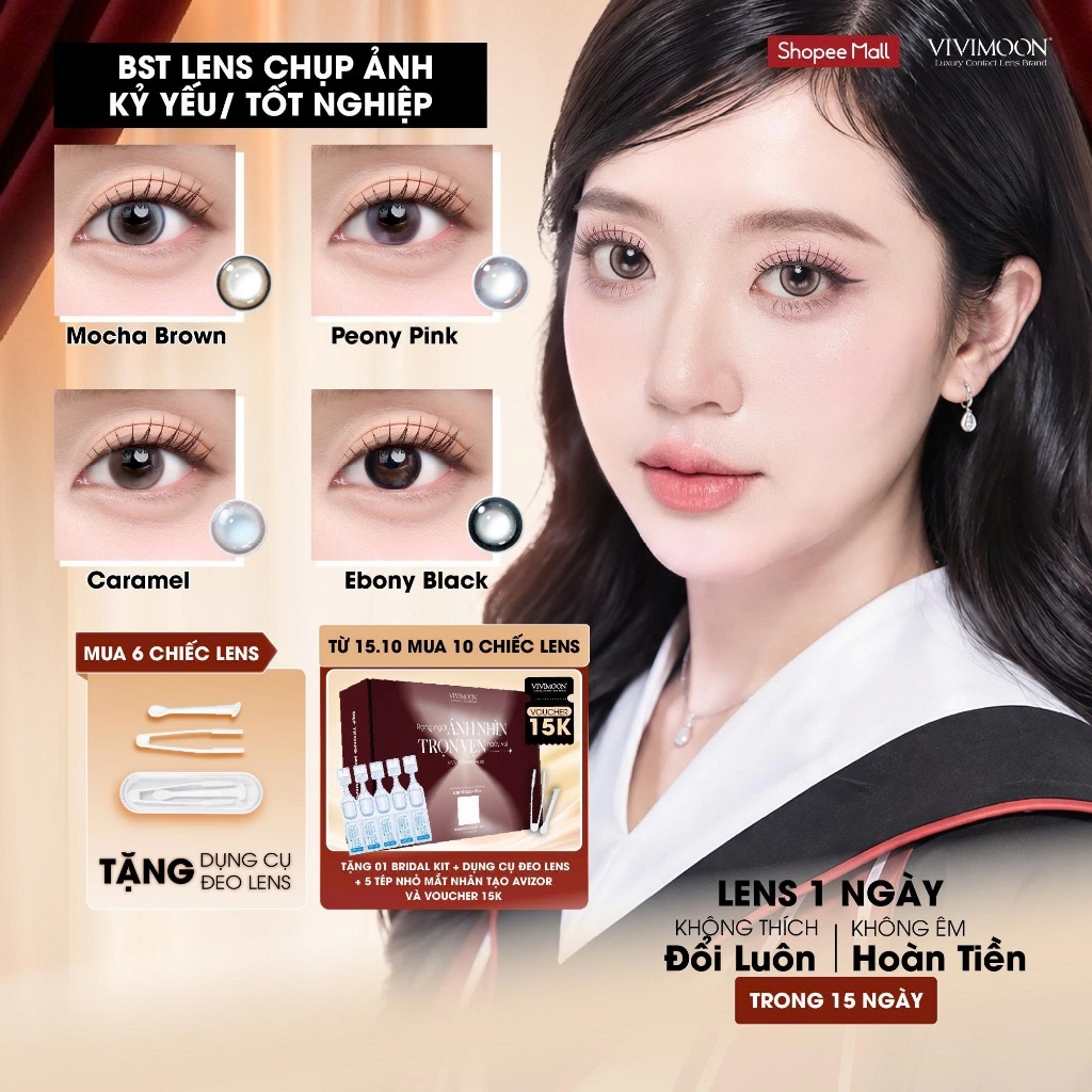VIVIMOON lens 1 ngày khóa ẩm độ cận từ 0 đến 8 Mocha Brown/ Peony Pink/Caramel/Ebony Black