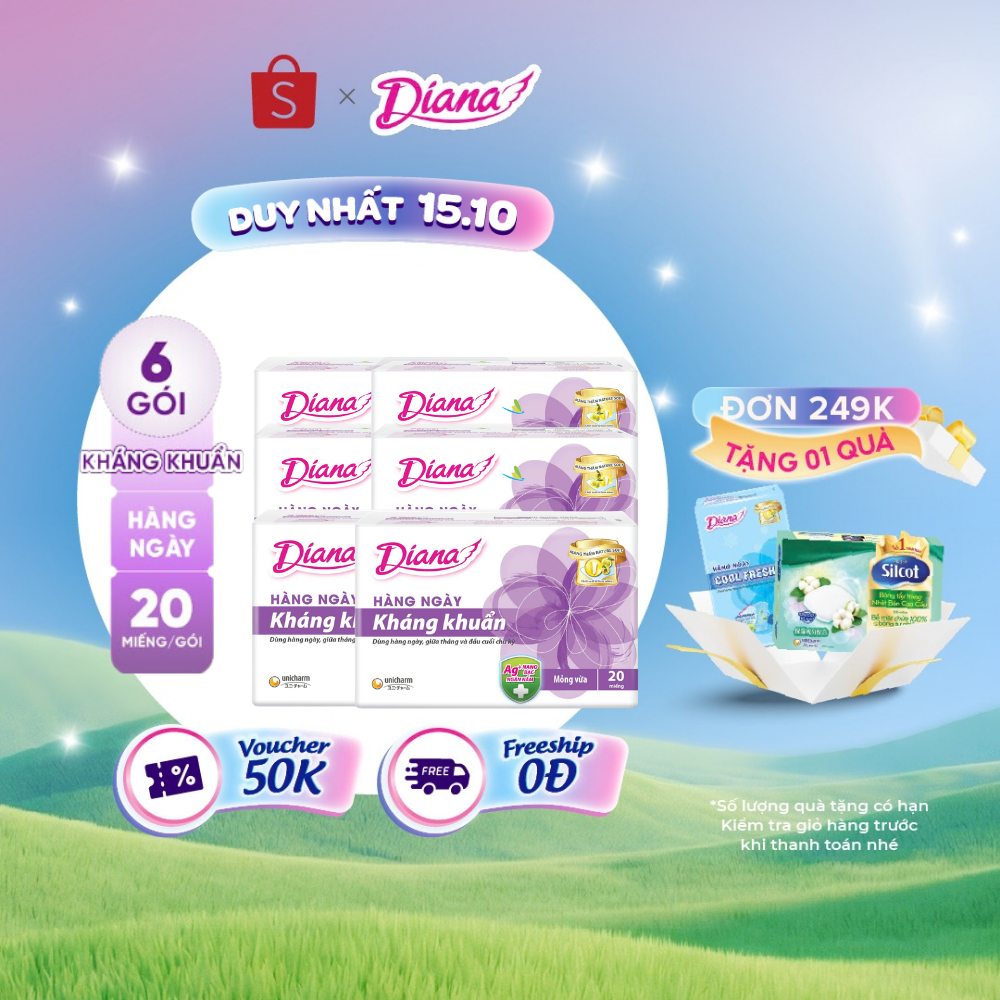 Bộ 6 gói băng vệ sinh Diana hàng ngày Sensi kháng khuẩn gói 20 miếng