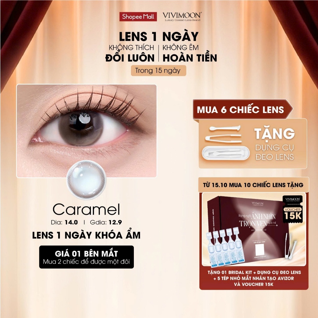01 Chiếc Kính áp tròng VIVIMOON lens khóa ẩm 1 ngày màu nâu Caramel (Giá 1 bên mắt, x2 để đặt 1 đôi)