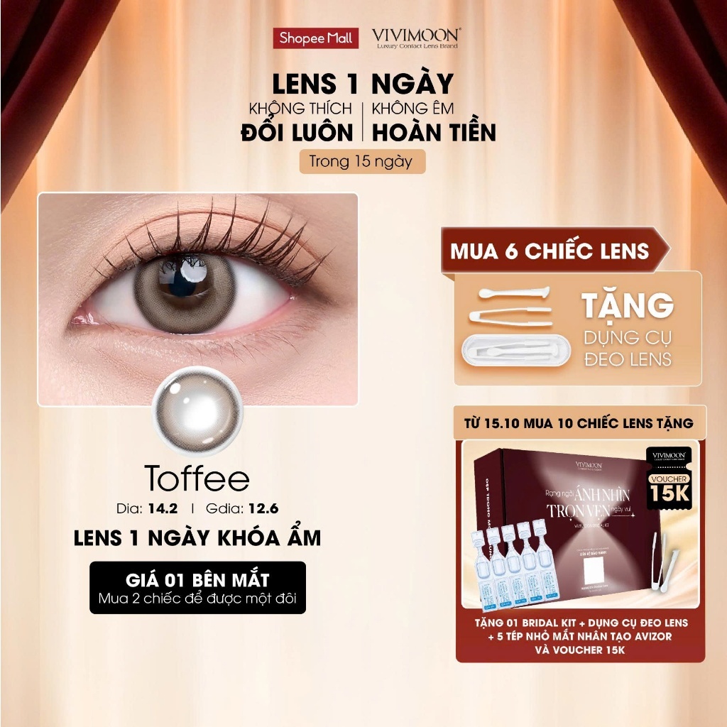 01 Chiếc Kính áp tròng VIVIMOON lens khóa ẩm 1 ngày màu nâu caramel pha khói nhẹ Toffee (Giá 1 bên mắt, x2 để đặt 1 đôi)