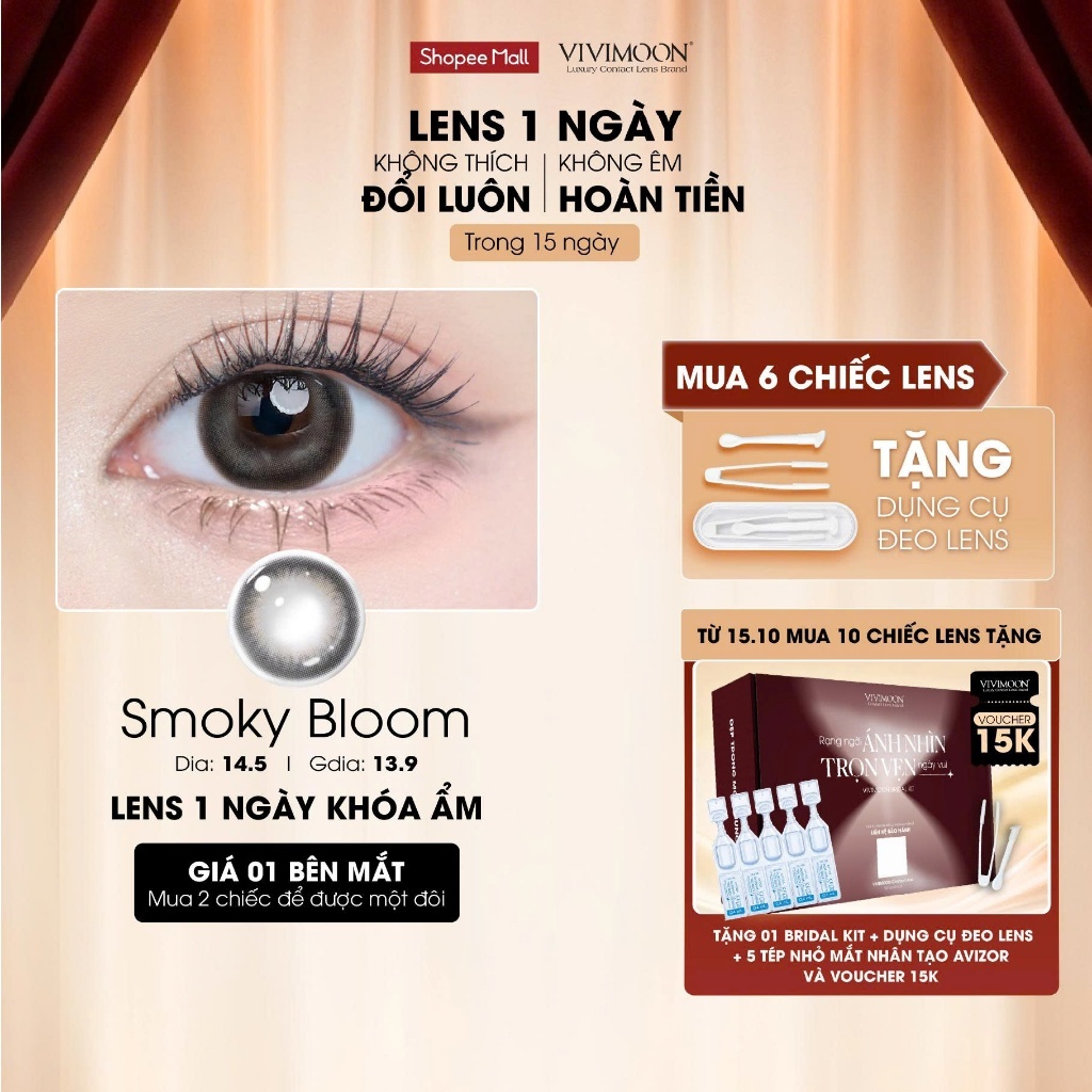 01 Chiếc Kính áp tròng VIVIMOON lens khóa ẩm 1 ngày màu xám khói pha nâu lạnh Smoky Bloom (1 bên mắt, x2 để đặt 1 đôi)