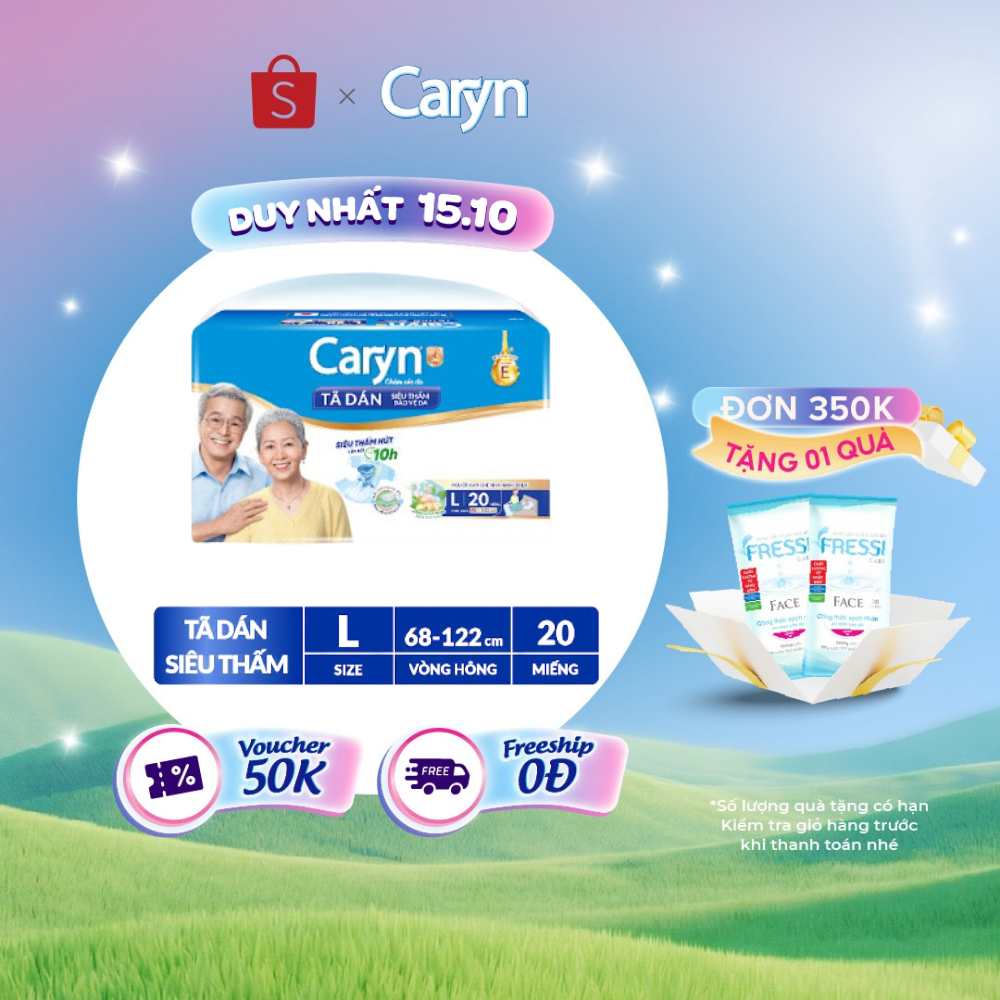 Tã/Bỉm dán người lớn siêu thấm Caryn dành cho người hạn chế khả năng đi lại Size L (8/10/20/40pcs)(tặng miếng ngẫunhiên)