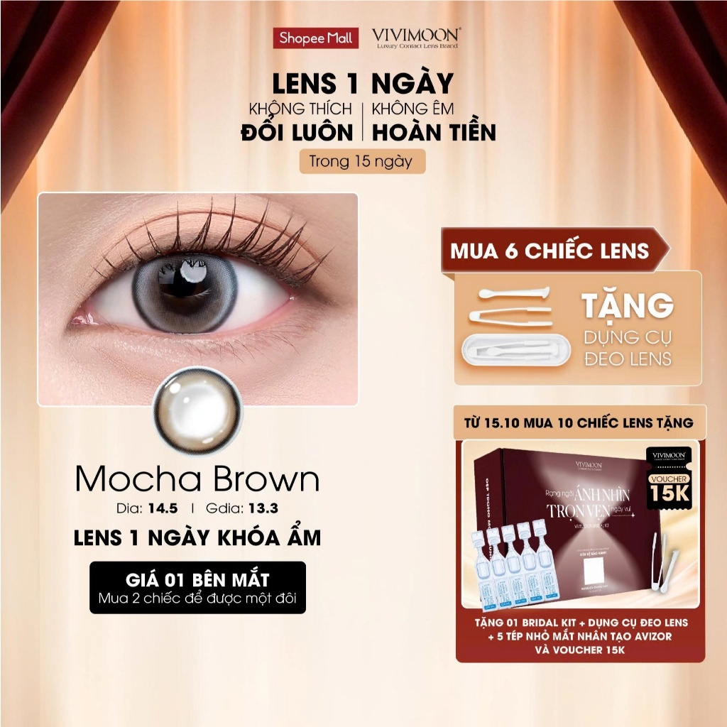 01 Chiếc Kính áp tròng VIVIMOON lens khóa ẩm 1 ngày màu nâu Mocha Brown (Giá 1 bên mắt, x2 để đặt 1 đôi)