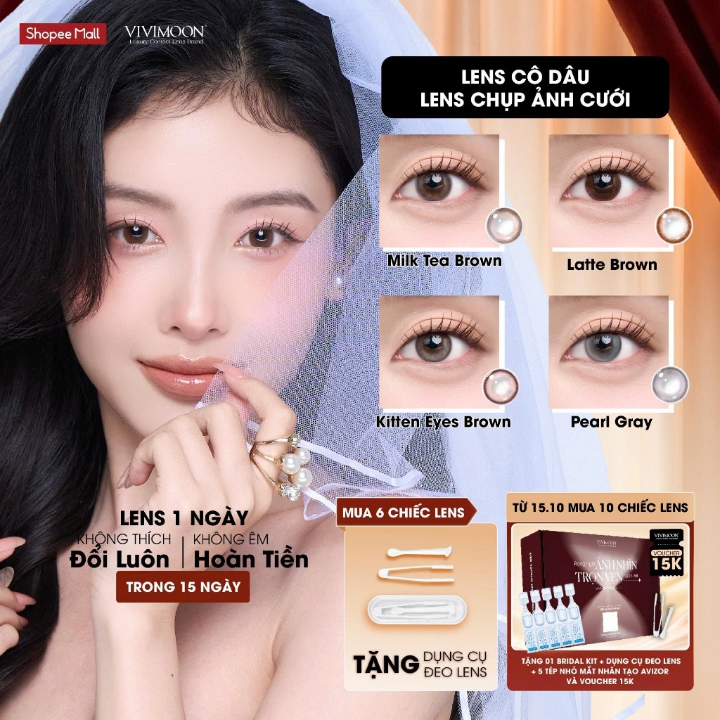 1 Chiếc lens 1 ngày cận VIVIMOON khóa ẩm 4 màu, độ cận từ 0 đến 8 (Giá 1 bên mắt, x2 để đặt 1 đôi)