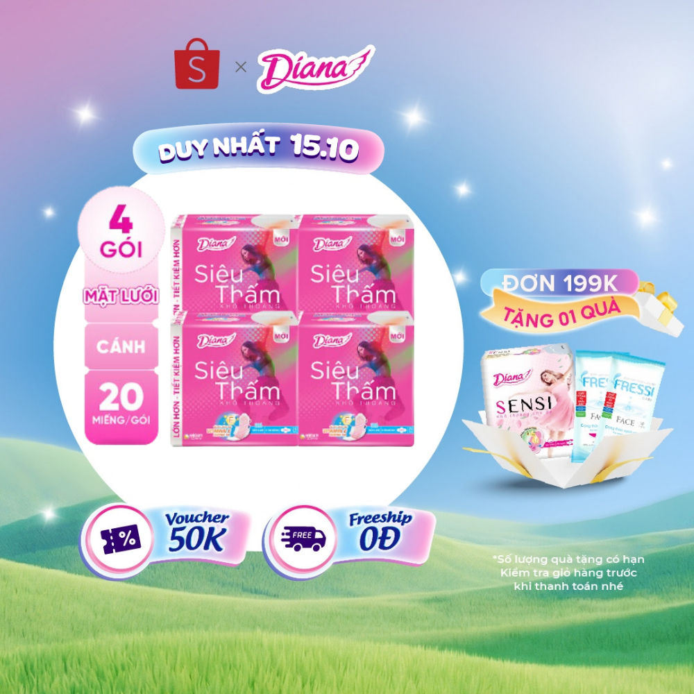 Bộ 4 gói băng vệ sinh Diana siêu thấm siêu mỏng cánh 20 miếng/gói