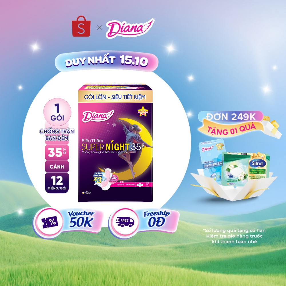 Băng vệ sinh ban đêm Diana siêu thấm Supernight 35cm gói 12 miếng