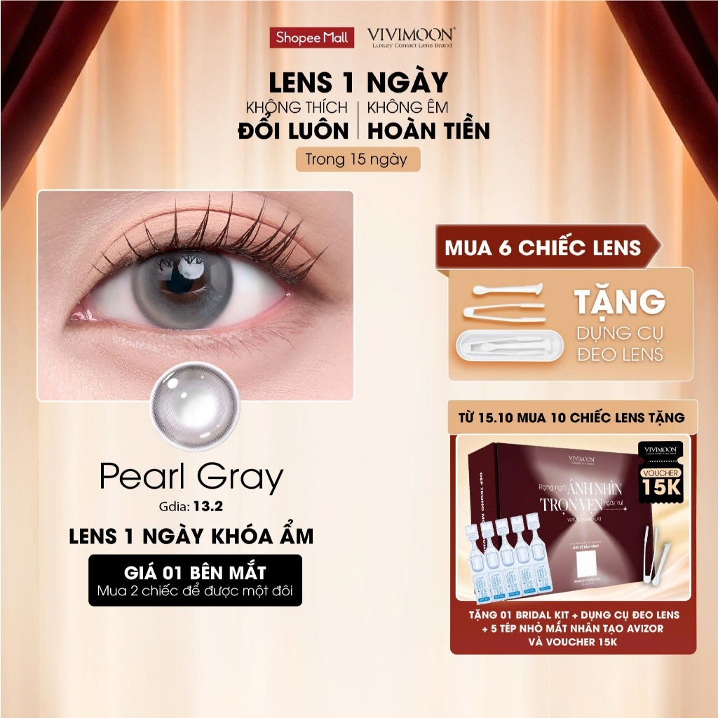 01 Chiếc Kính áp tròng VIVIMOON LENS 1 ngày màu nâu xám Pearl Gray (Giá 1 bên mắt, x2 để đặt 1 đôi)