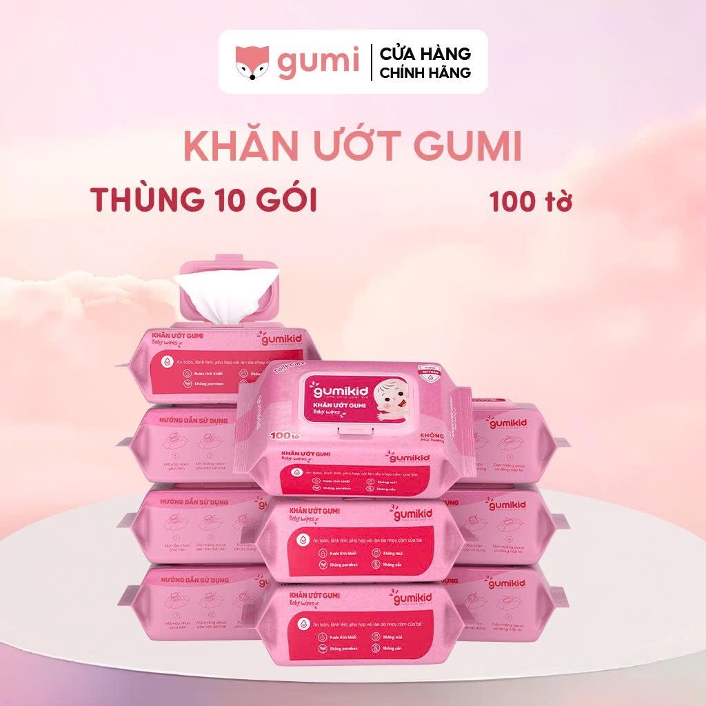 Thùng 10 gói khăn ướt Gumi không cồn không parabens cao cấp.