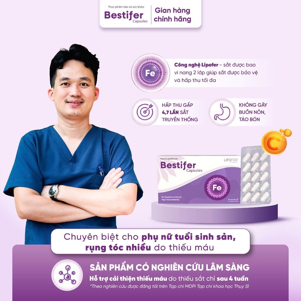 Sắt viên Bestifer capsules hộp 30 viên - Hỗ trợ bổ sung sắt, cải thiện thiếu máu [Tích điểm]
