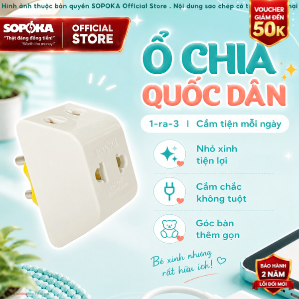 Đầu Nối Chia Điện Đa Năng 3 Cửa SOPOKA P11 Chịu Tải 2200W, Dùng Cho Máy Tính…