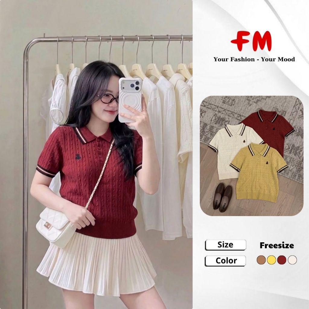 Áo Dệt Kim Tay Ngắn polo vặn thừng thêu gấu 3 nút FMSTYLE Freesize 26100958
