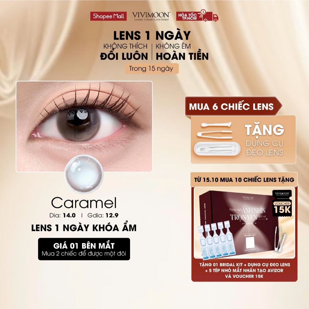 VIVIMOON lens khóa ẩm 1 ngày màu nâu Caramel (x2 để đặt 1 đôi - Giá 1 bên mắt)