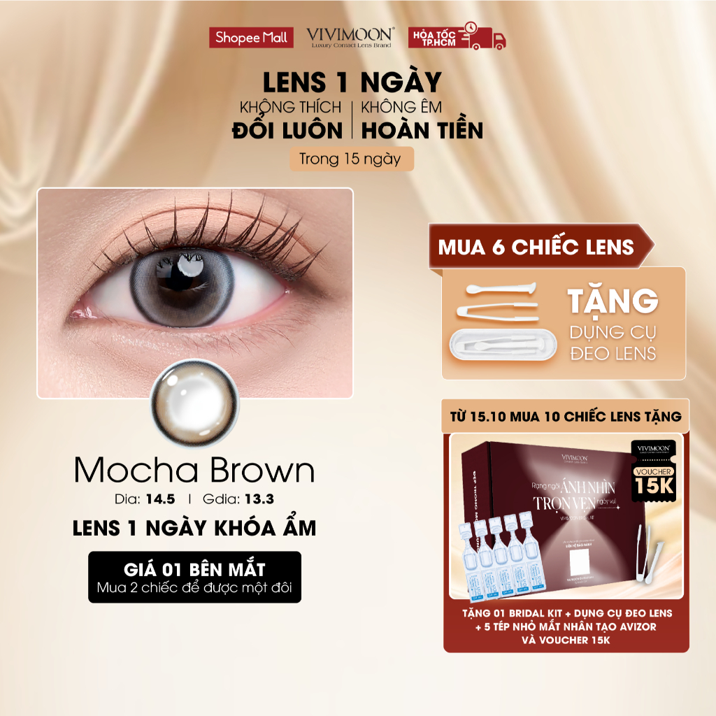 VIVIMOON lens khóa ẩm 1 ngày màu nâu Mocha Brown (x2 để đặt 1 đôi - Giá 1 bên mắt)
