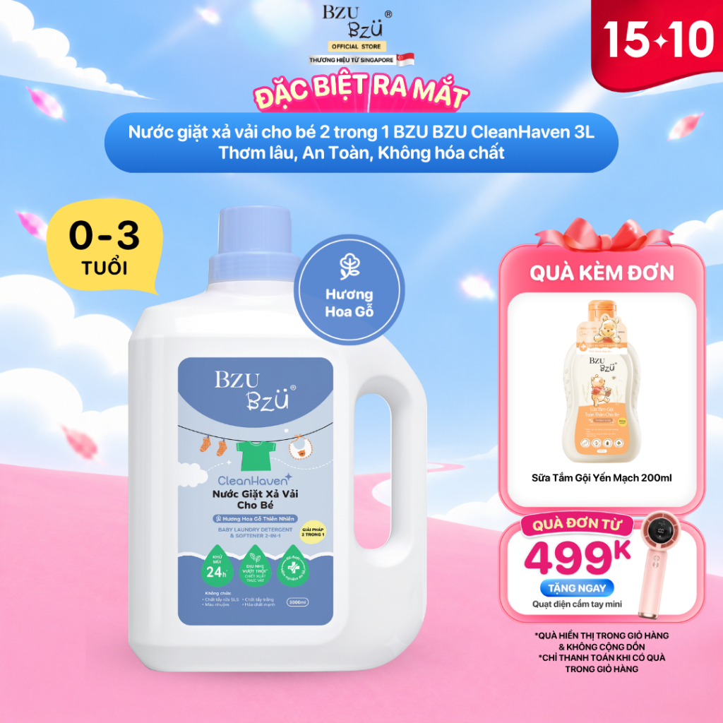 Can 3 Lít Nước Giặt Xả Vải BZU BZU Cho Bé Sơ Sinh Thơm Lâu - An Toàn Cho Bé…