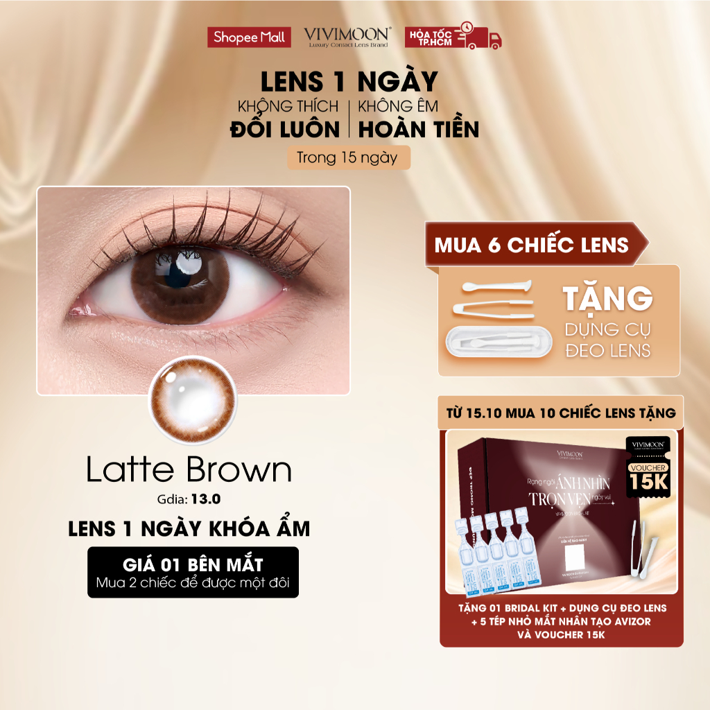 VIVIMOON lens cận khóa ẩm 1 ngày màu nâu tự nhiên Latte Brown (Giá 01 chiếc/01 bên mắt - x2 để chọn 01 đôi)