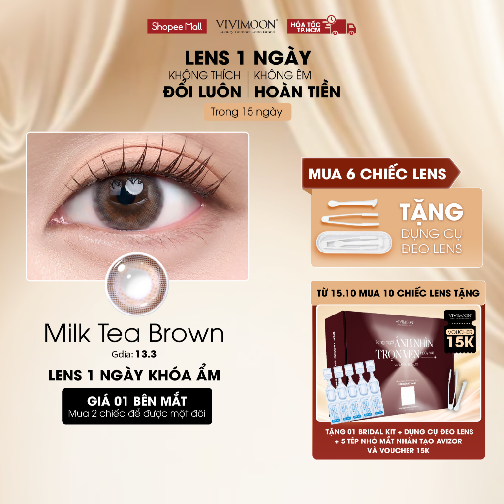 VIVIMOON lens cận 1 ngày màu nâu trà sữa tự nhiên Milk Tea Brown độ cận từ 0-8 (Giá 1 chiếc /1 bên mắt)