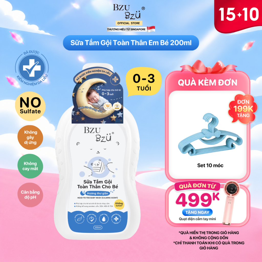 Chai Sữa Tắm Gội Toàn Thân Em Bé BZU BZU Dịu Nhẹ Mềm Mại Cho Da Dung Tích 200ml