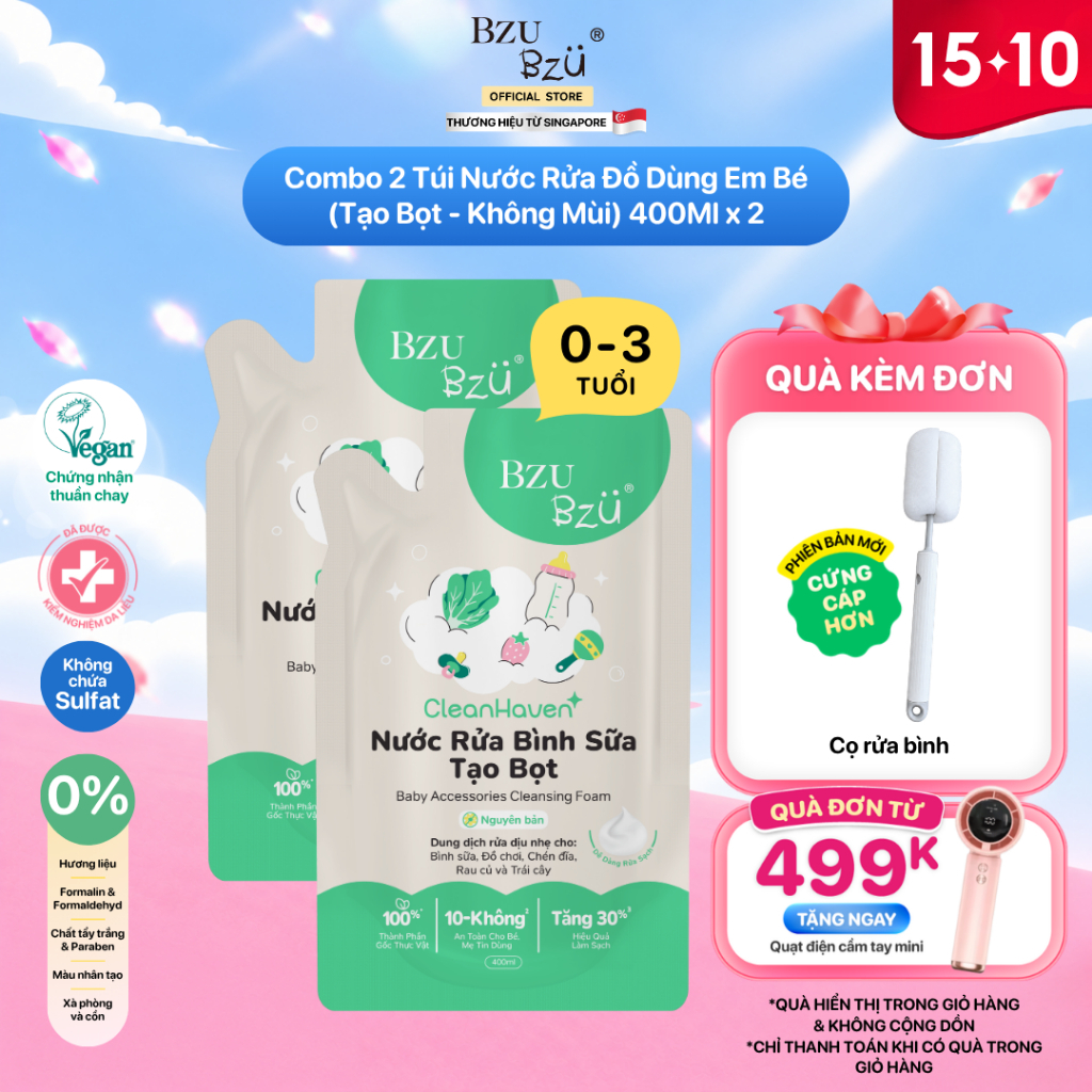Combo 2 Túi Nước Rửa Bình Sữa, Rau Củ, Đồ Dùng Em Bé Thuần Chay BZU BZU…