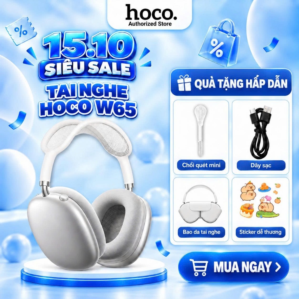 Tai nghe chụp tai Bluetooth W65 Hoco - 45h Pin - Không dây, cắm dây - chống ồn…