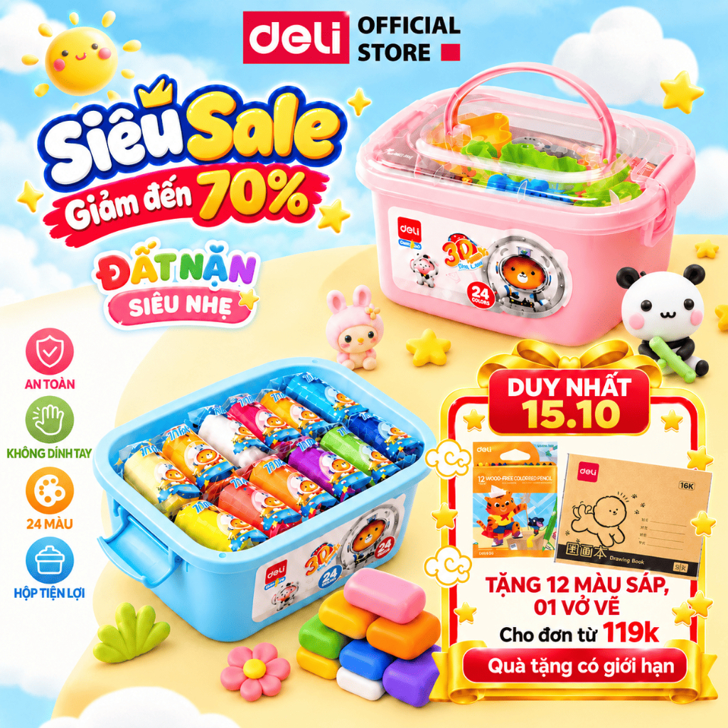 Đất nặn 12/24 màu Deli Chất Liệu An Toàn Cho Bé Khuôn Kèm Hộp Tiện Lợi Nhiều Màu Cho Bé Sáng Tạo Phát Triển M