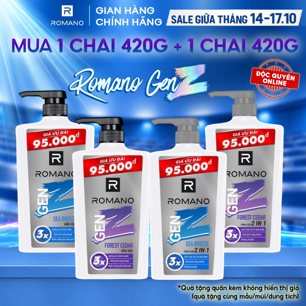 Tắm gội 2in1 / Dầu gội cho nam Romano Gen Z hương Sea Breeze/ Forest Cedar (420g x 2)