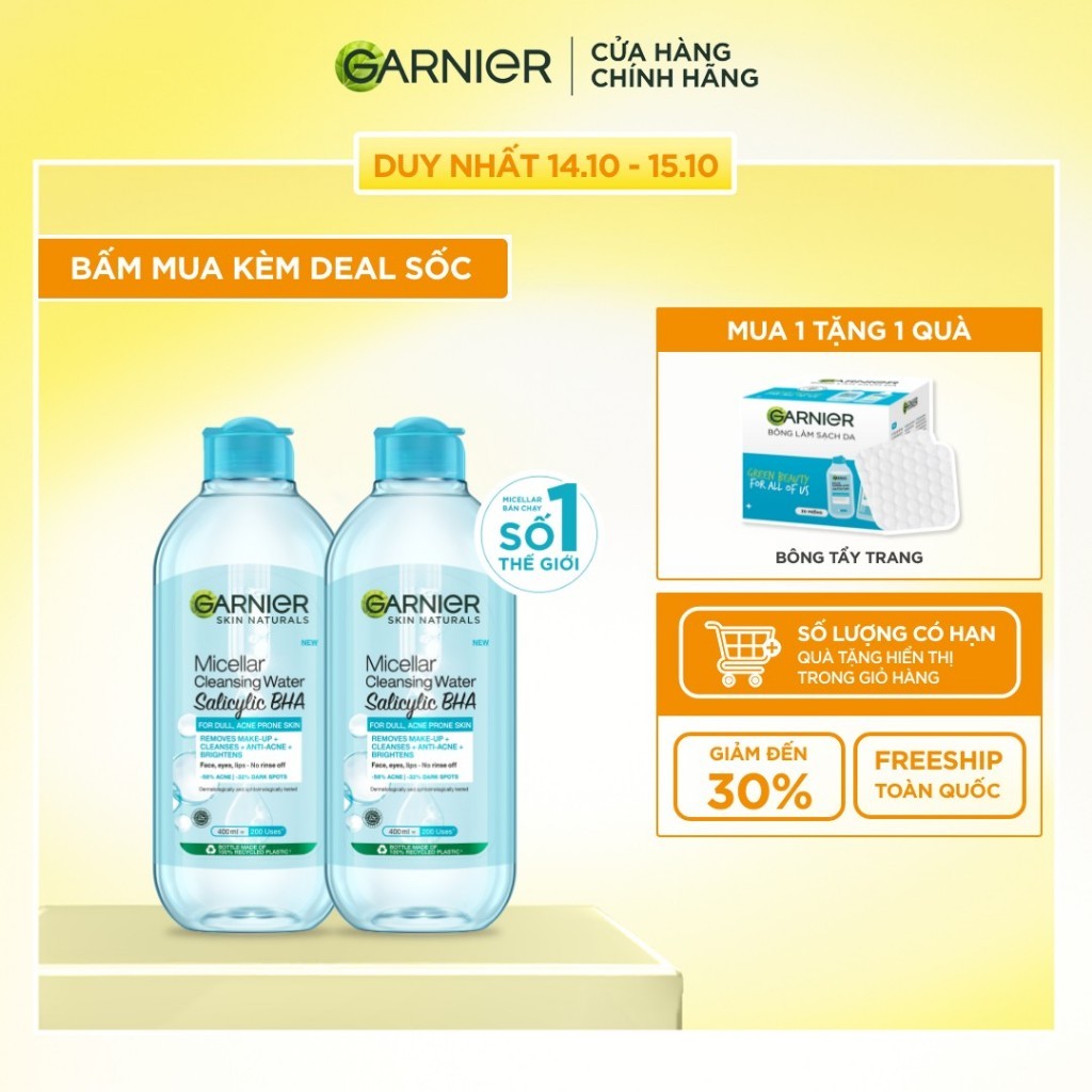 Bộ 2 Nước tẩy trang Garnier Cho Da Dầu Mụn Salicylic BHA Micellar 400ml x 2 (mới)