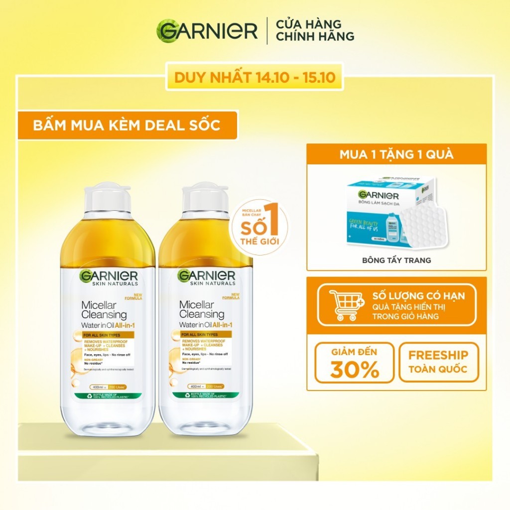 Bộ 2 nước làm sạch và tẩy trang cho da khô & trang điểm Garnier Micellar Water 400ml x 2