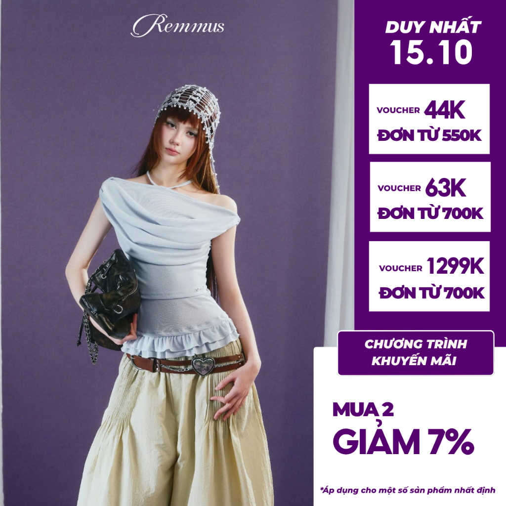 Yuna Top - Remmus Áo cổ đổ xếp rũ trễ vai hack eo - BST DOLLY HOUSE