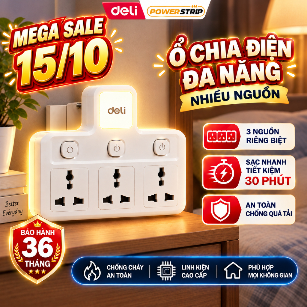 Ổ Cắm Chia Điện Deli, Ổ Cắm Chữ T 2500W Tích Hợp Cổng USB &TypeC Cải Tiến Sạc…
