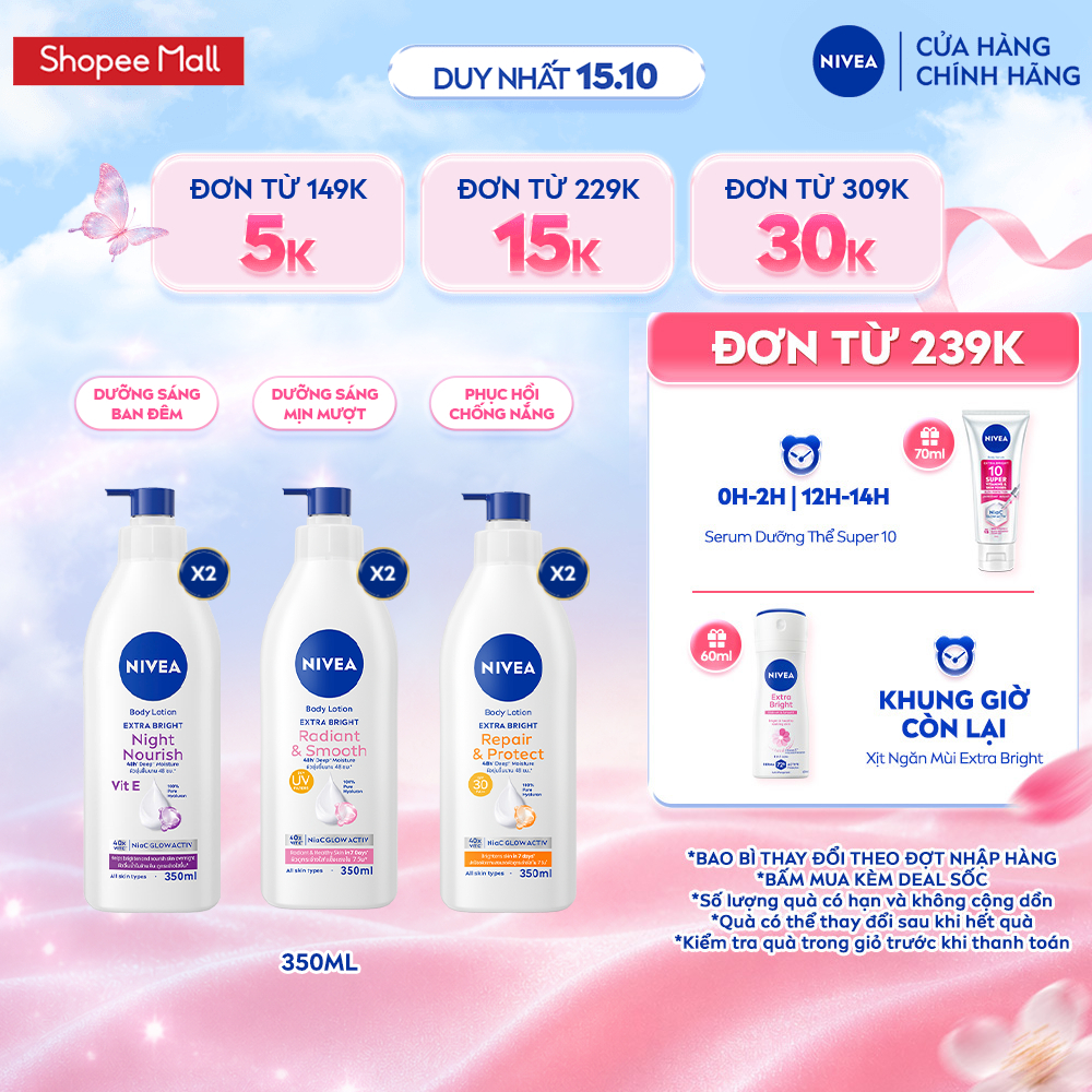 Bộ 2 Sữa Dưỡng Thể NIVEA Extra Bright Dưỡng Da Sáng Mịn Sau 7 Ngày 350ml…