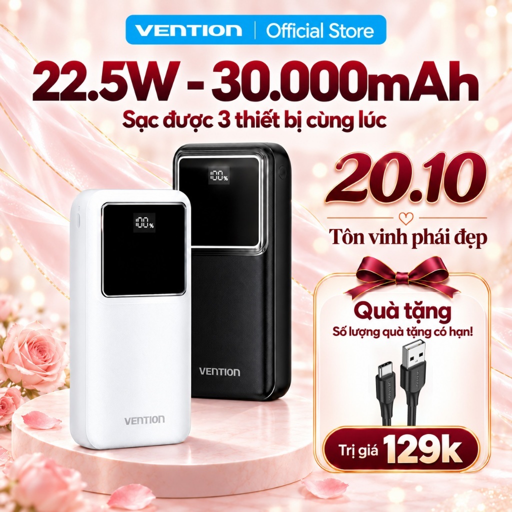 Pin Sạc Dự Phòng 30000mAh 22.5W Vention, 3 Cổng USB-A/USB-C/Micro, Sạc Nhanh…