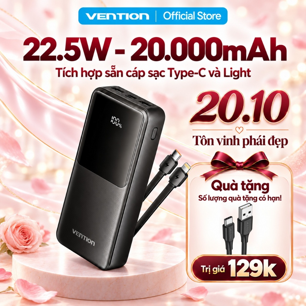 Pin Sạc Dự Phòng 22.5W 20000mAh Vention,Tích Hợp Cáp Type-C Và Light, Sạc…